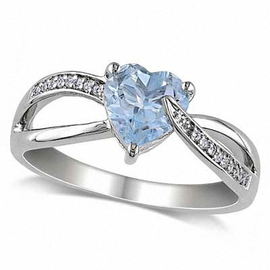 7.0mm Heart-Shaped Aquamarine and 0.05 CT. T.W. Natural Diamond Split Shank Ring in Sterling Silver