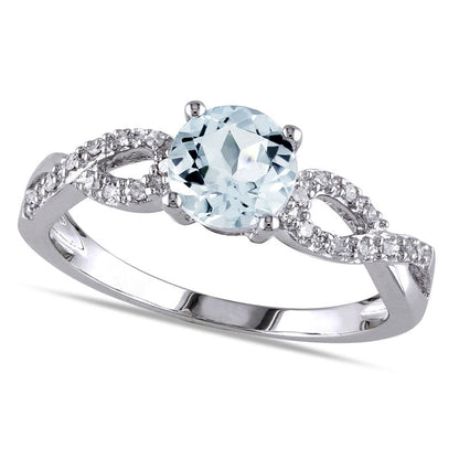 6.0mm Aquamarine and Natural Diamond Accent Twist Shank Ring in Solid 10K White Gold