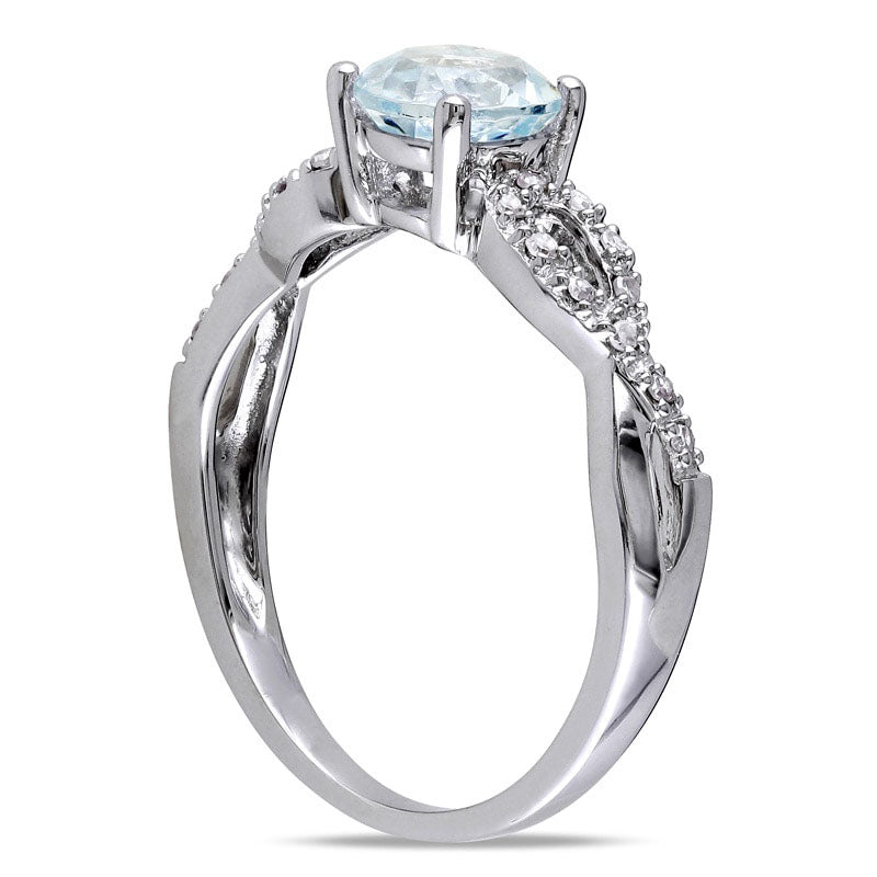 6.0mm Aquamarine and Natural Diamond Accent Twist Shank Ring in Solid 10K White Gold