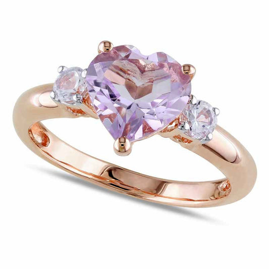 8.0mm Heart-Shaped Rose de France Amethyst and Lab-Created White Sapphire Ring in Sterling Silver with Rose Rhodium