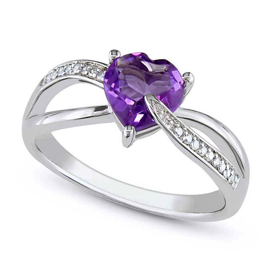 7.0mm Heart-Shaped Amethyst and 0.05 CT. T.W. Natural Diamond Ring in Sterling Silver
