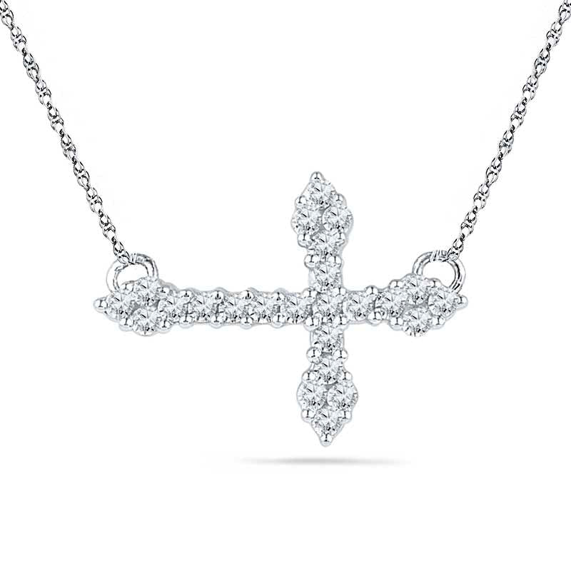 Lab-Created White Sapphire Sideways Cross Necklace in Sterling Silver