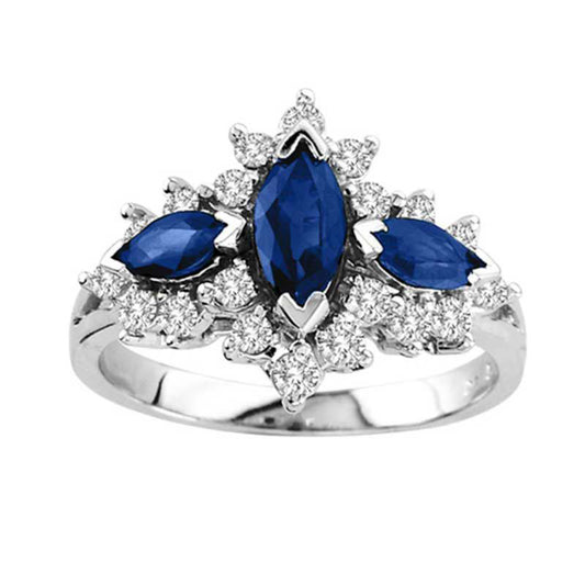 Marquise-Cut Blue Sapphire and 0.50 CT. T.W. Natural Diamond Three Stone Ring in Solid 14K White Gold