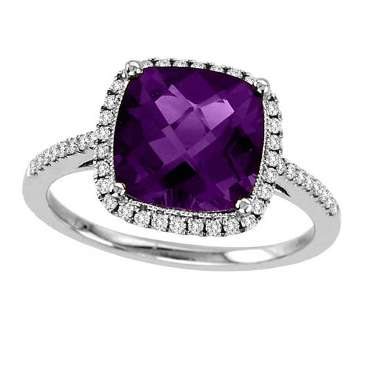 9.0mm Cushion-Cut Amethyst and 0.25 CT. T.W. Natural Diamond Ring in Solid 14K White Gold