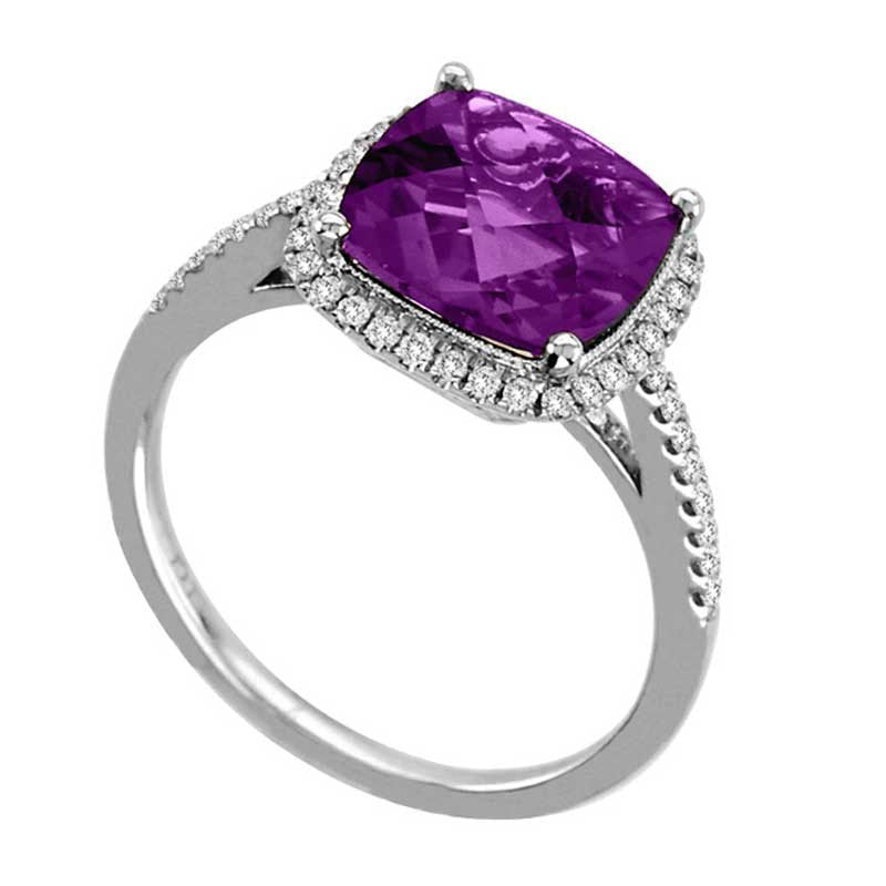 9.0mm Cushion-Cut Amethyst and 0.25 CT. T.W. Natural Diamond Ring in Solid 14K White Gold
