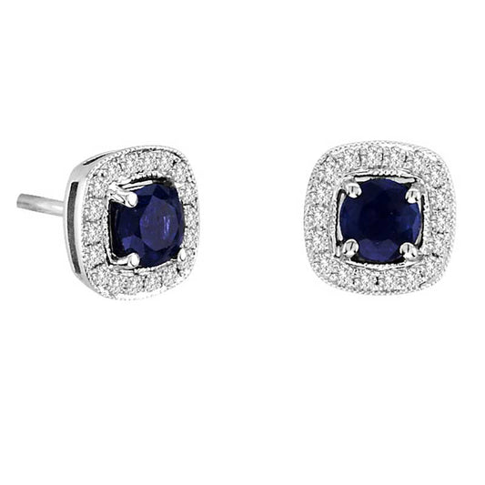 4.0mm Blue Sapphire and 0.13 CT. T.W. Diamond Frame Stud Earrings in 14K White Gold