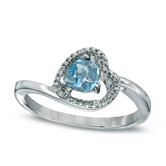 5.0mm Sideways Heart-Shaped Aquamarine and Natural Diamond Accent Ring in Sterling Silver