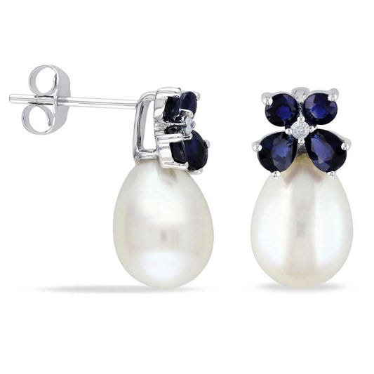 8.0 - 8.5mm Cultured Freshwater Pearl, Blue Sapphire and Diamond Accent Earrings in 10K White Gold