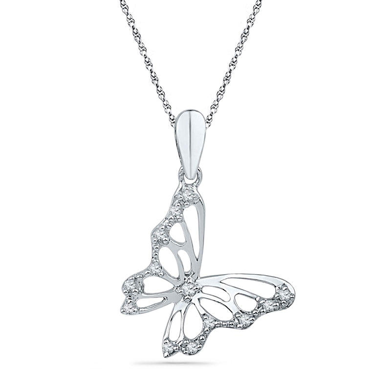 Natural Diamond Accent Tilted Butterfly Pendant in 10K White Gold