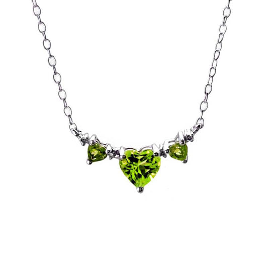 Heart-Shaped Peridot and Natural Diamond Accent Three Stone Necklace in Sterling Silver