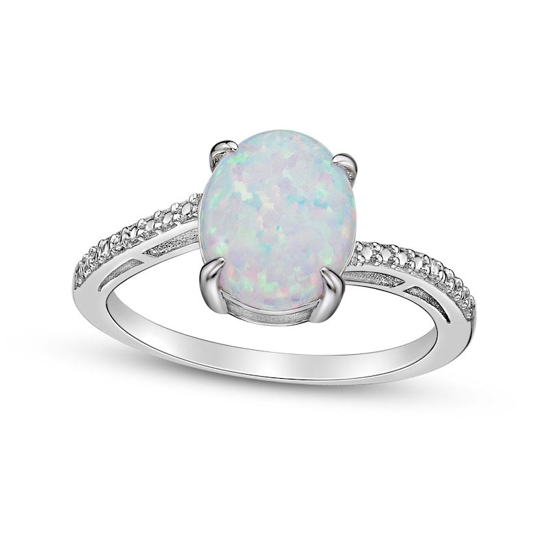 Oval Lab-Created Opal and Diamond Accent Ring in Sterling Silver