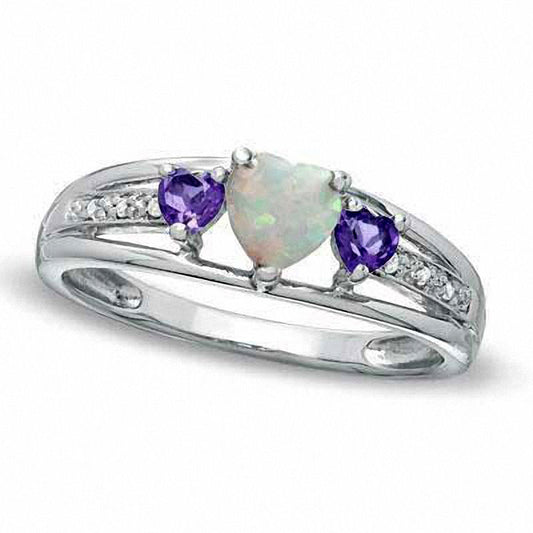 5.0mm Heart-Shaped Lab-Created Opal, Amethyst and Diamond Accent Ring in Sterling Silver