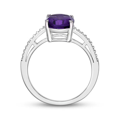 Oval Amethyst and Natural Diamond Accent Ring in Sterling Silver