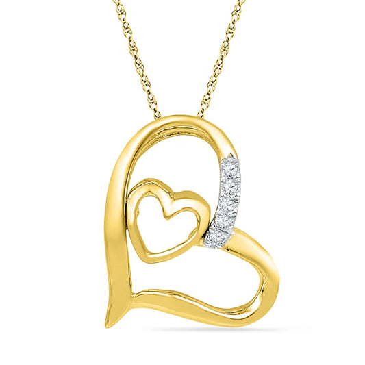 Natural Diamond Accent Tilted Double Heart Pendant in 10K Yellow Gold