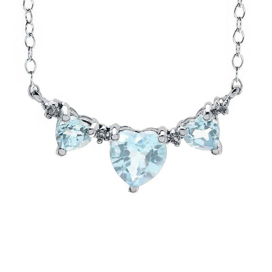 Heart-Shaped Aquamarine and Natural Diamond Accent Three Stone Necklace in Sterling Silver