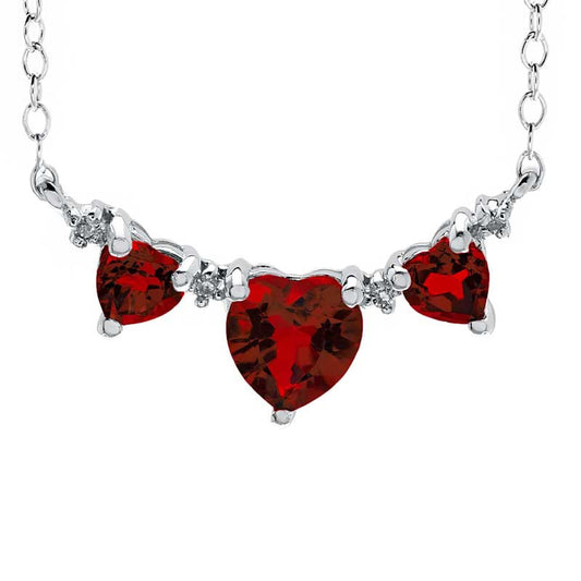 Heart-Shaped Garnet and Natural Diamond Accent Three Stone Necklace in Sterling Silver