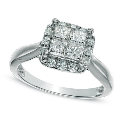 1.0 CT. T.W. Quad Princess-Cut Natural Diamond Frame Engagement Ring in Solid 14K White Gold