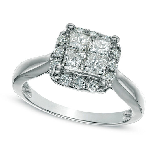 1.0 CT. T.W. Quad Princess-Cut Natural Diamond Frame Engagement Ring in Solid 14K White Gold