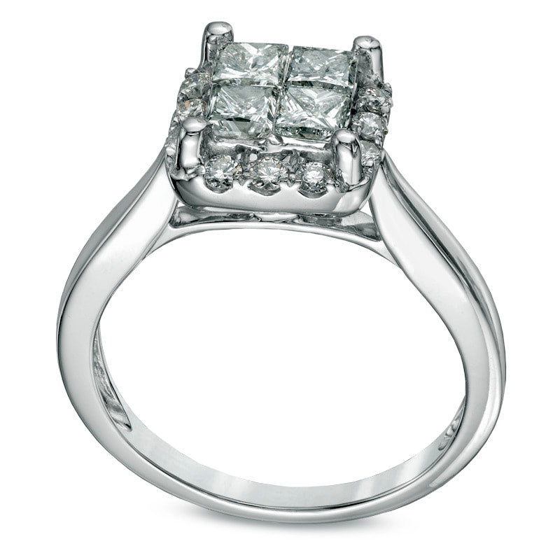 1.0 CT. T.W. Quad Princess-Cut Natural Diamond Frame Engagement Ring in Solid 14K White Gold
