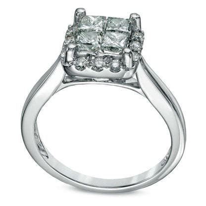 1.0 CT. T.W. Quad Princess-Cut Natural Diamond Frame Engagement Ring in Solid 14K White Gold