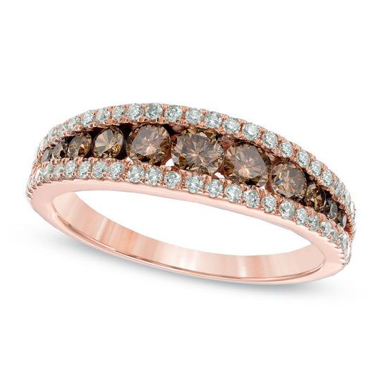 1.0 CT. T.W. Champagne and White Natural Diamond Edge Anniversary Band in Solid 14K Rose Gold