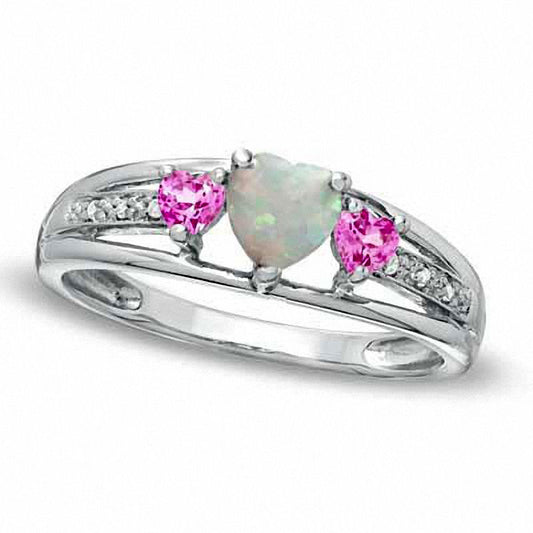 5.0mm Heart-Shaped Lab-Created Opal, Pink Sapphire and Diamond Accent Ring in Sterling Silver