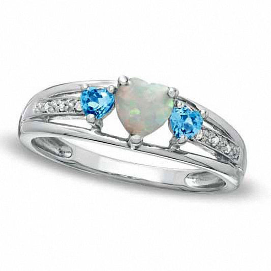 5.0mm Heart-Shaped Lab-Created Opal, Blue Topaz and Diamond Accent Ring in Sterling Silver