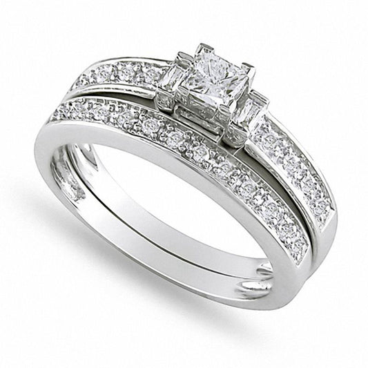 0.33 CT. T.W. Princess-Cut and Baguette Natural Diamond Three Stone Bridal Engagement Ring Set in Sterling Silver