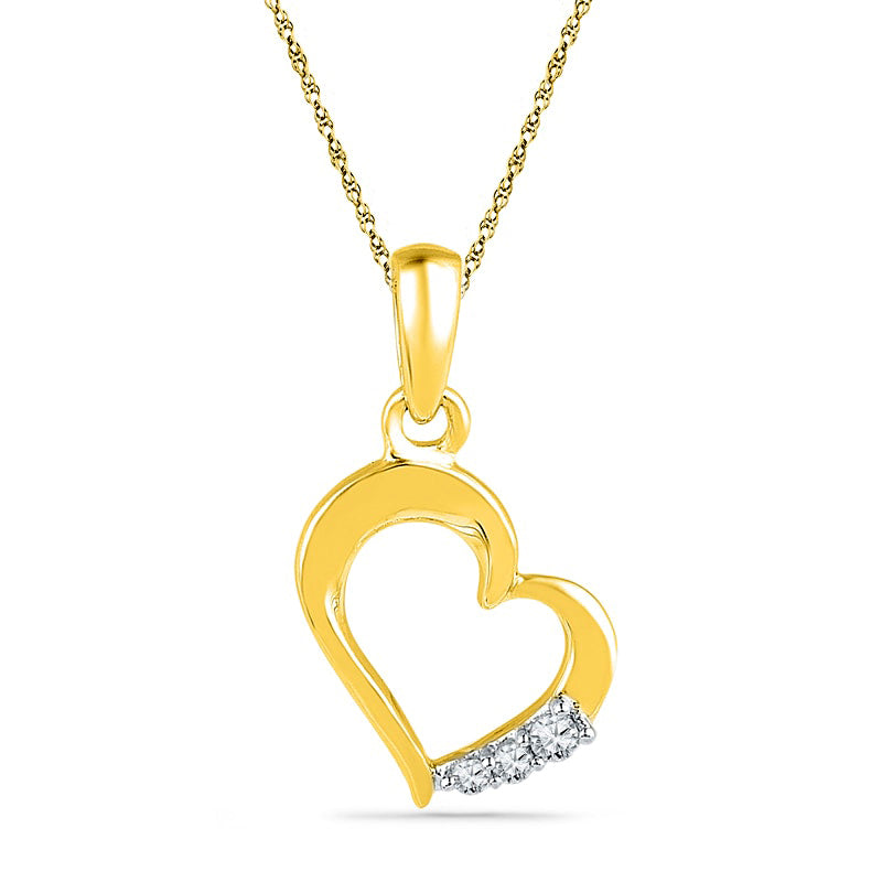 Natural Diamond Accent Three Stone Tilted Heart Pendant in 10K Yellow Gold