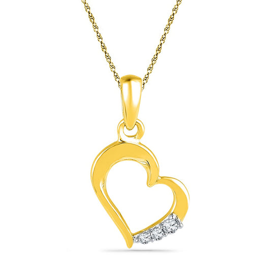 Natural Diamond Accent Three Stone Tilted Heart Pendant in 10K Yellow Gold