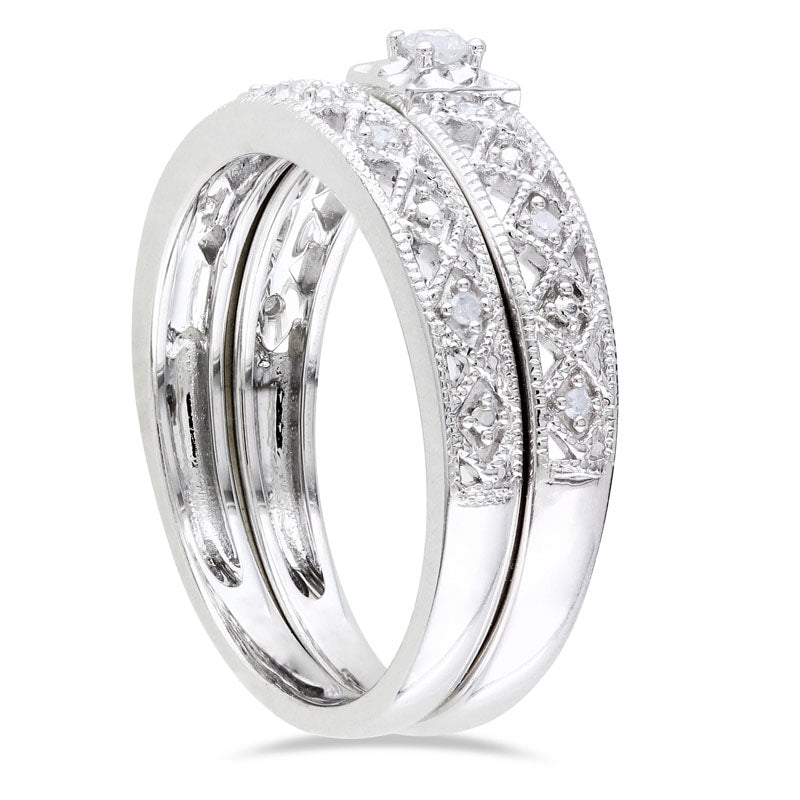 0.10 CT. T.W. Natural Diamond Art Deco Bridal Engagement Ring Set in Sterling Silver