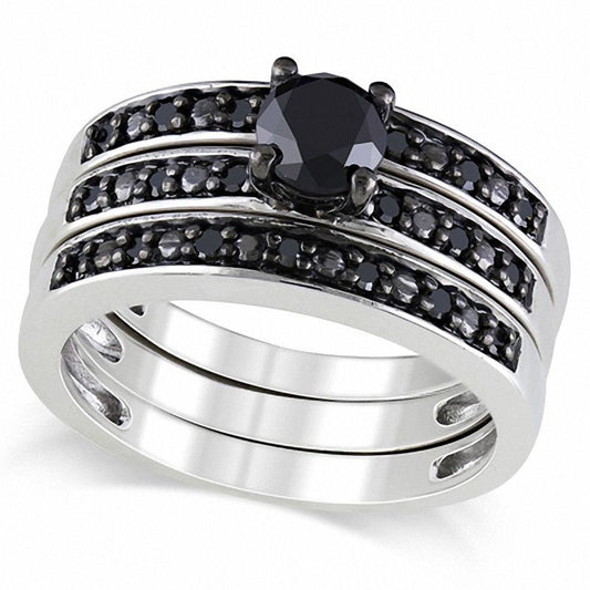 1.0 CT. T.W. Enhanced Black Natural Diamond Three Piece Bridal Engagement Ring Set in Sterling Silver