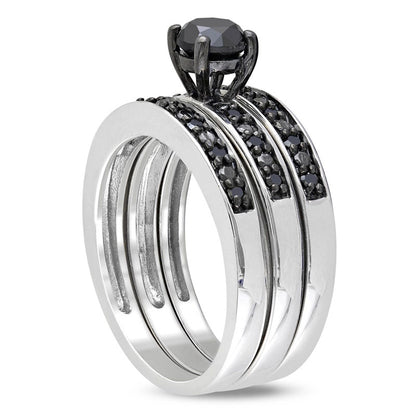 1.0 CT. T.W. Enhanced Black Natural Diamond Three Piece Bridal Engagement Ring Set in Sterling Silver