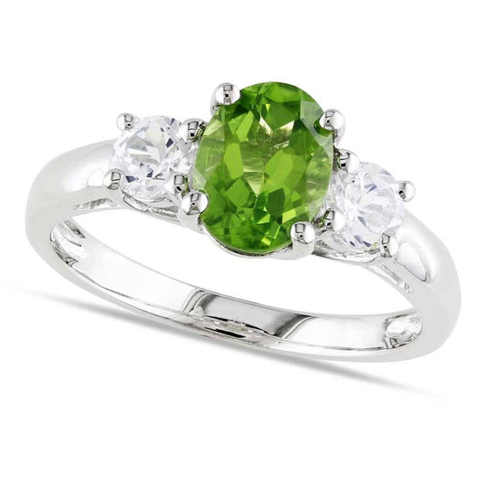 Oval Peridot and Lab-Created White Sapphire Three Stone Ring in Sterling Silver