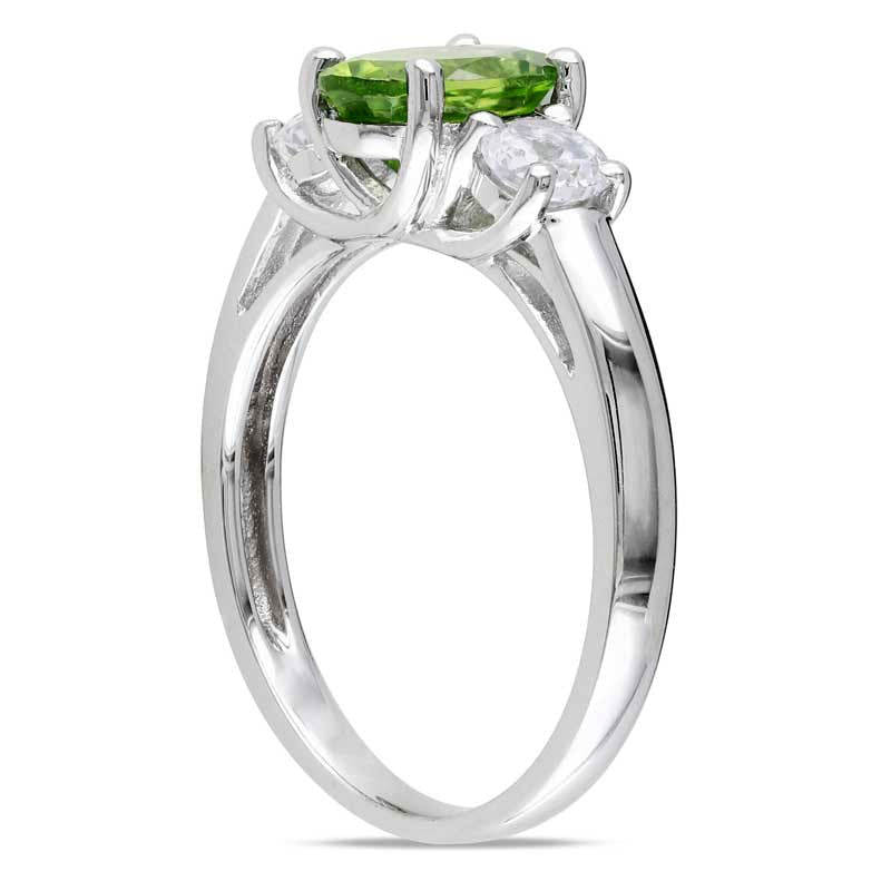 Oval Peridot and Lab-Created White Sapphire Three Stone Ring in Sterling Silver