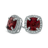 7.0mm Cushion-Cut Garnet and Lab-Created White Sapphire Frame Stud Earrings in Sterling Silver