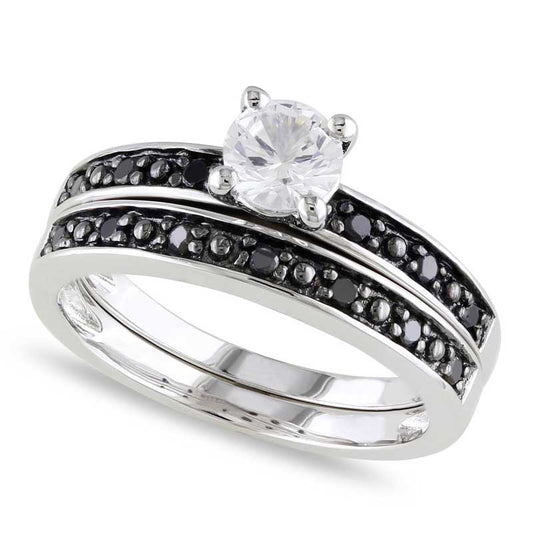 5.0mm Lab-Created White Sapphire and 0.20 CT. T.W. Enhanced Black Diamond Bridal Engagement Ring Set in Sterling Silver