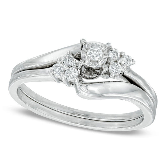 0.17 CT. T.W. Natural Diamond Three Stone Slant Bridal Engagement Ring Set in Solid 10K White Gold