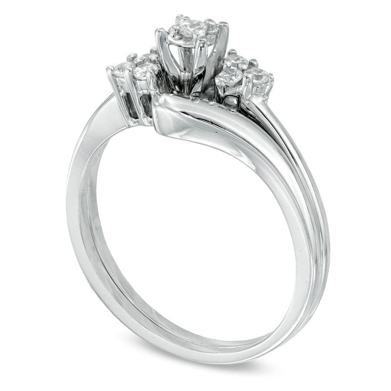 0.17 CT. T.W. Natural Diamond Three Stone Slant Bridal Engagement Ring Set in Solid 10K White Gold