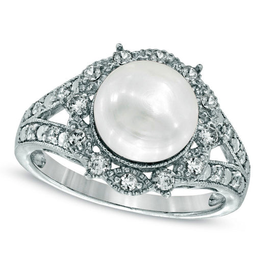 8.0 - 8.5mm Cultured Freshwater Pearl and Lab-Created White Sapphire Antique Vintage-Style Ring in Sterling Silver