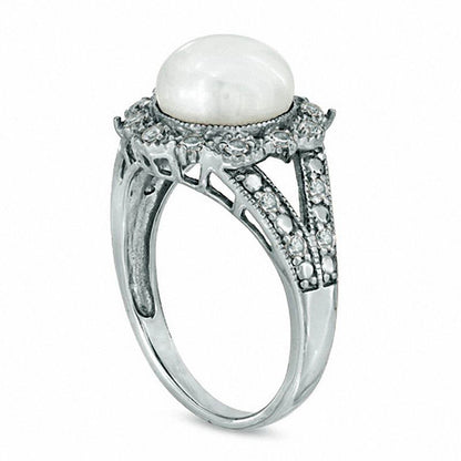 8.0 - 8.5mm Cultured Freshwater Pearl and Lab-Created White Sapphire Antique Vintage-Style Ring in Sterling Silver