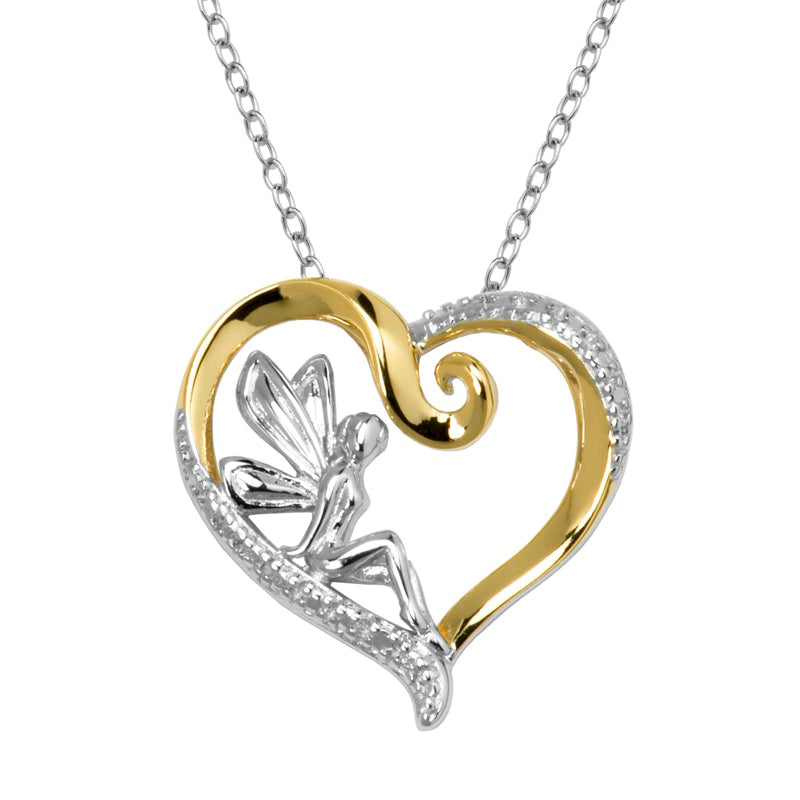 Natural Diamond Accent Fairy in Heart Pendant in Sterling Silver and 18K Gold Plate