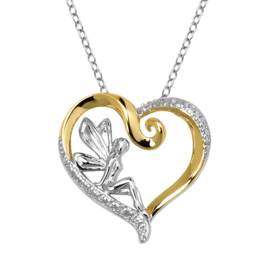 Natural Diamond Accent Fairy in Heart Pendant in Sterling Silver and 18K Gold Plate