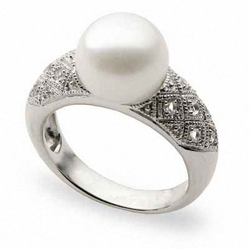 10.0 - 10.5mm Cultured Freshwater Pearl and White Topaz Ring in Sterling Silver