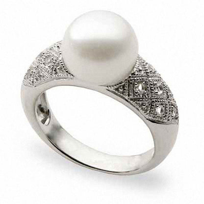 10.0 - 10.5mm Cultured Freshwater Pearl and White Topaz Ring in Sterling Silver
