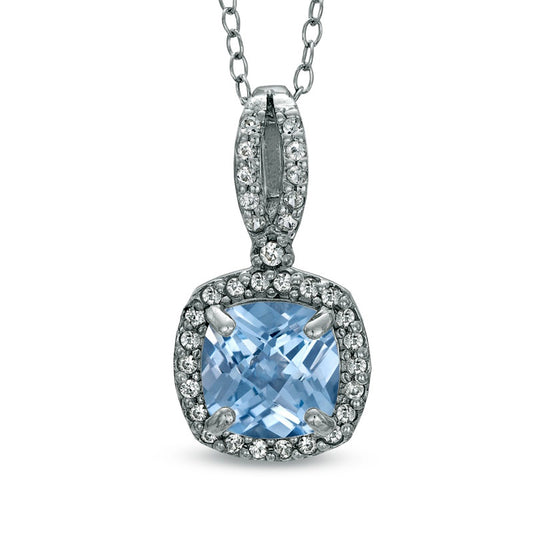 7.0mm Cushion-Cut Simulated Aquamarine and Lab-Created White Sapphire Pendant in Sterling Silver