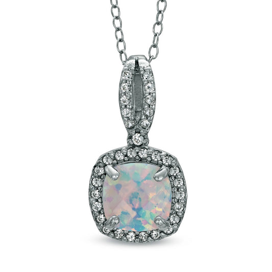 7.0mm Cushion-Cut Lab-Created Opal and White Sapphire Pendant in Sterling Silver
