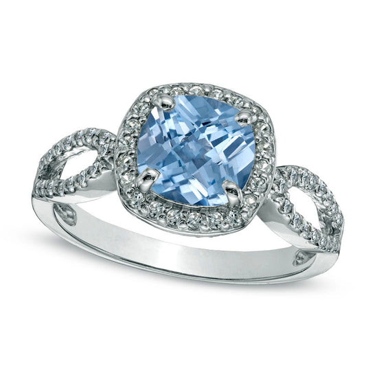 7.0mm Cushion-Cut Simulated Aquamarine and Lab-Created White Sapphire Ring in Sterling Silver