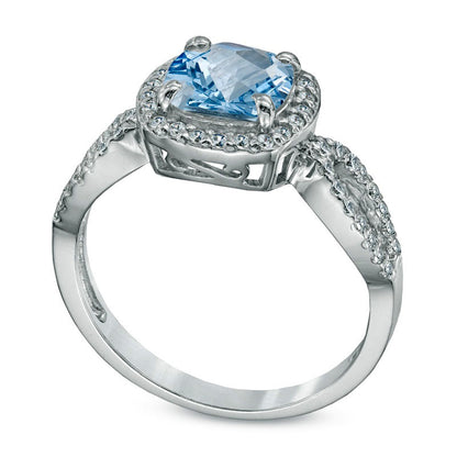 7.0mm Cushion-Cut Simulated Aquamarine and Lab-Created White Sapphire Ring in Sterling Silver
