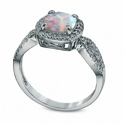 7.0mm Cushion-Cut Lab-Created Opal and White Sapphire Ring in Sterling Silver